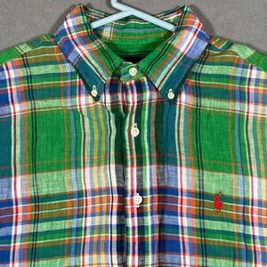 Ralph Lauren Linen Button Down Plaid Shirt Short Sleeve Green Tartan Pony Medium